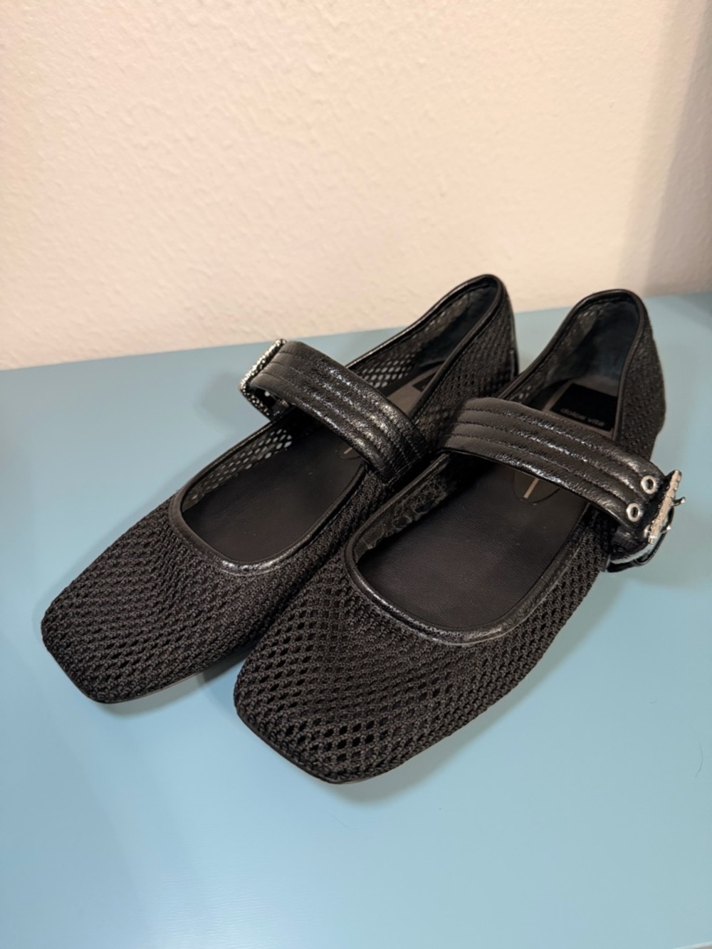 Black Mesh Mary Jane Flats with Adjustable Strap